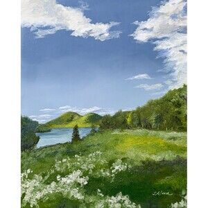 Original Oil Landscape Painting Maine Acadia Jordan Pond Spring Day 8x10 Signed